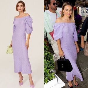 STINE GOYA Lavender Textured Smocked Puff Short Sleeve Off Shoulder Midi Dress S